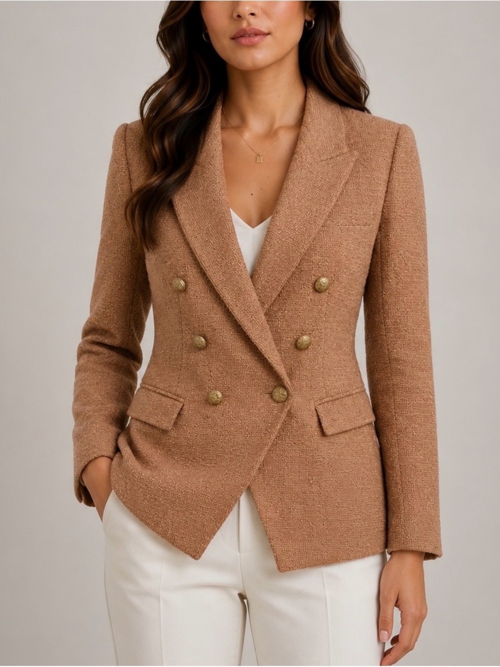 L'AGENCE Kenzie Double-Breasted Textured Blazer Mocha Brown